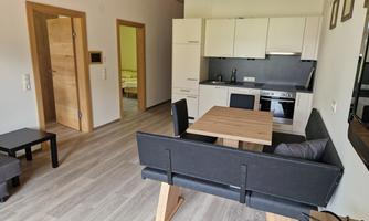 A modern living room with a kitchen and a dining area. The furniture is designed to be simple and functional.
