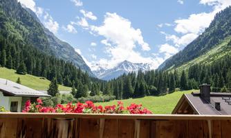 A picturesque mountain landscape with green forests and snow-capped peaks. In the foreground, red flowers bloom next to traditional wooden houses.