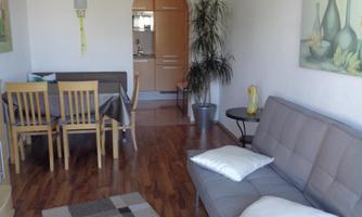 A modern living room with a gray sofa and a wooden table. Decorative pictures hang on the wall and there is a small plant in the corner.