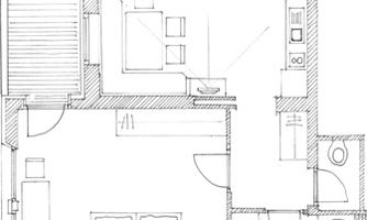 A simple floor plan drawing of an apartment. It shows various rooms such as living room, kitchen, bedroom, and bathroom.