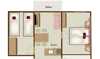 A floor plan of the holiday apartment "Alpenrose" with an area of 45 m². The apartment features two bedrooms, a kitchen, a bathroom, and a balcony.