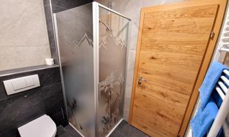 A modern bathroom with a shower cubicle and a toilet. The walls are in neutral colors, and the wooden elements add warmth.