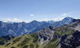 An impressive mountain landscape with high peaks and green meadows. The sky is clear and blue.