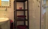 A modern bathroom with a shower cabin and a sink. Towels are neatly stacked on a shelf.