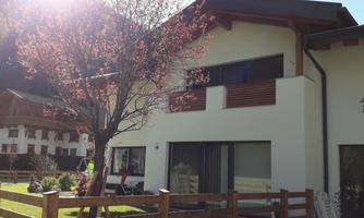 A modern house surrounded by a well-maintained garden. In the foreground, there is a tree, and the sun is shining brightly.