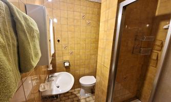 A small bathroom with brown tiles and a shower. Towels in green and a toilet complete the space.
