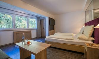 A modern hotel room with a double bed and a small table. Large windows offer a view of nature.