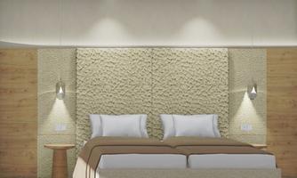 A modern bedroom with a large bed and calming colors. The walls are designed with beautiful wood and a textured surface.