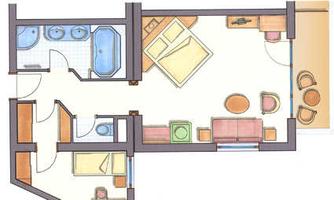 A colored floor plan drawing of an apartment. The rooms are well arranged, including a bathroom, bedroom, and living area.