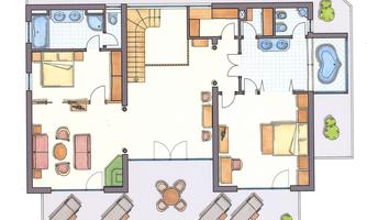 A floor plan sketch of a house with various rooms. There are living areas, kitchens, and bathrooms as well as a small outdoor area.