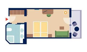 A simple floor plan drawing of an apartment. It shows a bedroom, a bathroom, and a living area with a couch and a table.