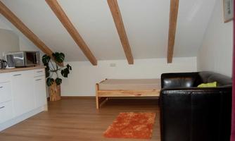 A cozy attic room with wooden beams, a black sofa, and a wooden bed. In the corner, there is a plant and a kitchenette with a microwave.
