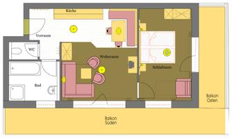 A floor plan of an apartment with a living room, bedroom, and kitchen. There is a balcony facing east and south.
