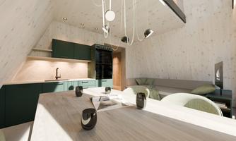 Modern kitchen with a dining table and minimalist decor.  
Bright walls and a simple color palette create an open atmosphere.