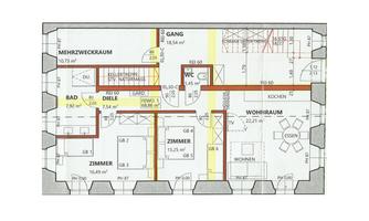 A floor plan of a house with several rooms. The rooms are clearly marked and include a kitchen, a bathroom, and a living room.