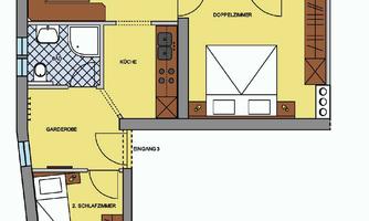 A detailed floor plan drawing of an apartment. The rooms include a living room, a kitchen, two bedrooms, and several balconies.
