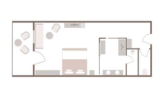 A floor plan of a room with a bedroom, a living area, and a bathroom. The furniture is arranged schematically and clearly presented.