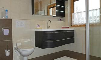 A modern bathroom with a shower, a sink, and a large mirror. The window lets in plenty of daylight, and the walls are painted in light colors.