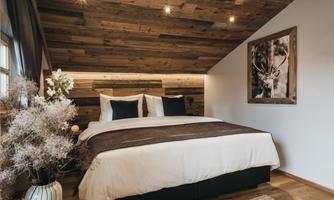 A cozy bedroom with a large bed and wood-paneled walls. The room is modernly furnished and has charming decorative elements.