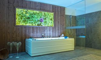 A modern bathroom with a freestanding bathtub and a glass-enclosed shower. There is a large window in the wall with a breathtaking view of green fields.