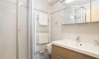 A modern bathroom with a shower, mirror, and sink. Towels hang on a radiator.