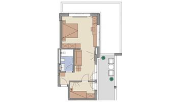 A graphic representation of a floor plan with different rooms. The drawing shows a kitchen, a living room, and two bedrooms.