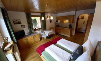 A cozy room with two beds, a kitchenette, and a dining area. Large windows let in plenty of light, and the wooden furniture creates a pleasant atmosphere.