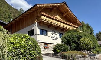 A charming wooden house with a traditional alpine style. Surrounded by green plants and a clear blue sky.