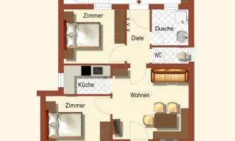 A floor plan of an apartment with three rooms, kitchen, bathroom, and balcony. The entrance leads into the foyer and the living room is centrally located.