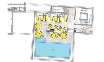 A floor plan sketch with a pool and several yellow sun umbrellas. There are also seating areas and access to an upper room.