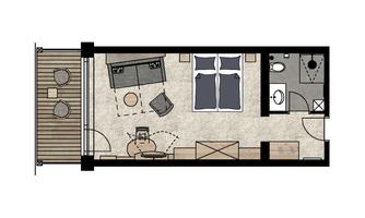 A floor plan representation of a modern room with a bed, a seating area, and a bathroom. On the terrace, there are two chairs and a table.