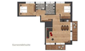 This graphic shows the layout of a suite called "Karwendelsuite". It includes two bedrooms, a living area, and a bathroom, all in modern design.