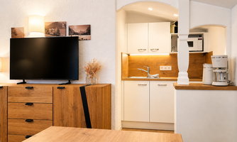 A modern furnished living kitchen with a television and wooden furniture. The kitchen is bright and functional, equipped with a microwave and other appliances.