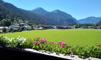 A beautiful view of green meadows and impressive mountains. Colorful flowers adorn the foreground and the sun shines brightly in the clear sky.