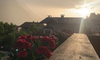 A beautiful view from the balcony with bright red flowers and a sunset in the background. The idyllic landscape is framed by gentle hills.