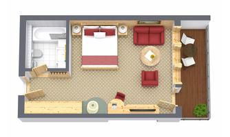 A cozy room layout with a double bed, a sofa, and a small table. There is also an area with a bathroom and natural elements like plants.