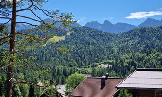 A picturesque view of mountains and dense forests. In the foreground, wooden houses can be seen, surrounded by green nature.