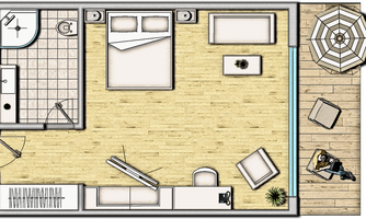 A modern room view with a bathroom, a double bed, and a sitting area. The interior is bright and friendly, with wooden flooring and a corner for relaxation.