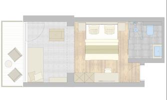 A modern room layout with one bedroom, one bathroom, and a small terrace. The design is bright and friendly with wood and gray accents.