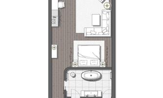 A floor plan of an apartment. The plan shows various rooms, including a living area, bathroom, and a terrace.