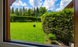 A green garden with colorful flowers and a large grassy area. In the background, trees and a blue sky with some clouds are visible.
