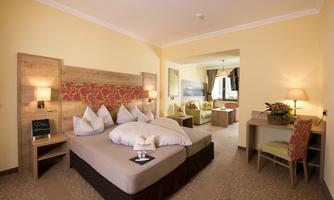 A modern hotel room with a large bed and cozy furnishings. The room is bright and inviting, with an additional living area.