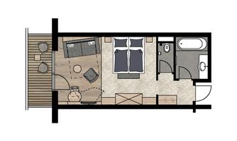 A floor plan drawing of a room with a double bed, a bathroom, and a small living area. The room has a terrace with chairs and a table.