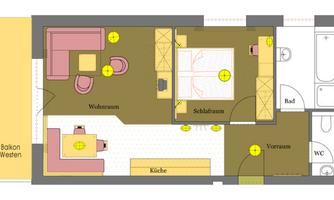 A floor plan drawing of an apartment with a living room, bedroom, kitchen, hallway, bathroom, and toilet. The balcony is facing west.