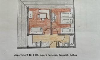 An apartment drawing with two floors and room layout. The apartment accommodates up to five people and has a balcony with mountain views.
