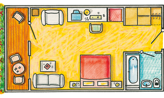 A colorful floor plan drawing of a living space. The room contains furniture such as sofas, a table, and a kitchenette.