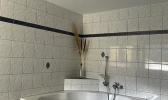 A modern bathroom with a spacious bathtub. The walls are adorned with white tiles and a plant pot stands in the corner.