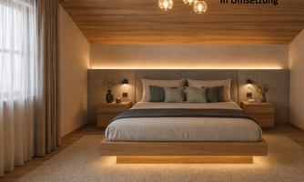 A modern bedroom with a large bed and cozy lighting. The walls are painted in neutral colors, and large windows let in plenty of daylight.
