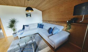 A cozy living room with a bright couch and blue pillows. A modern table and a plant decoration give the room an inviting atmosphere.