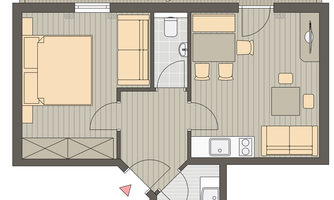 A floor plan drawing of an apartment with two bedrooms, a living room, and a bathroom. The space is functionally arranged and provides room for a dining area.
